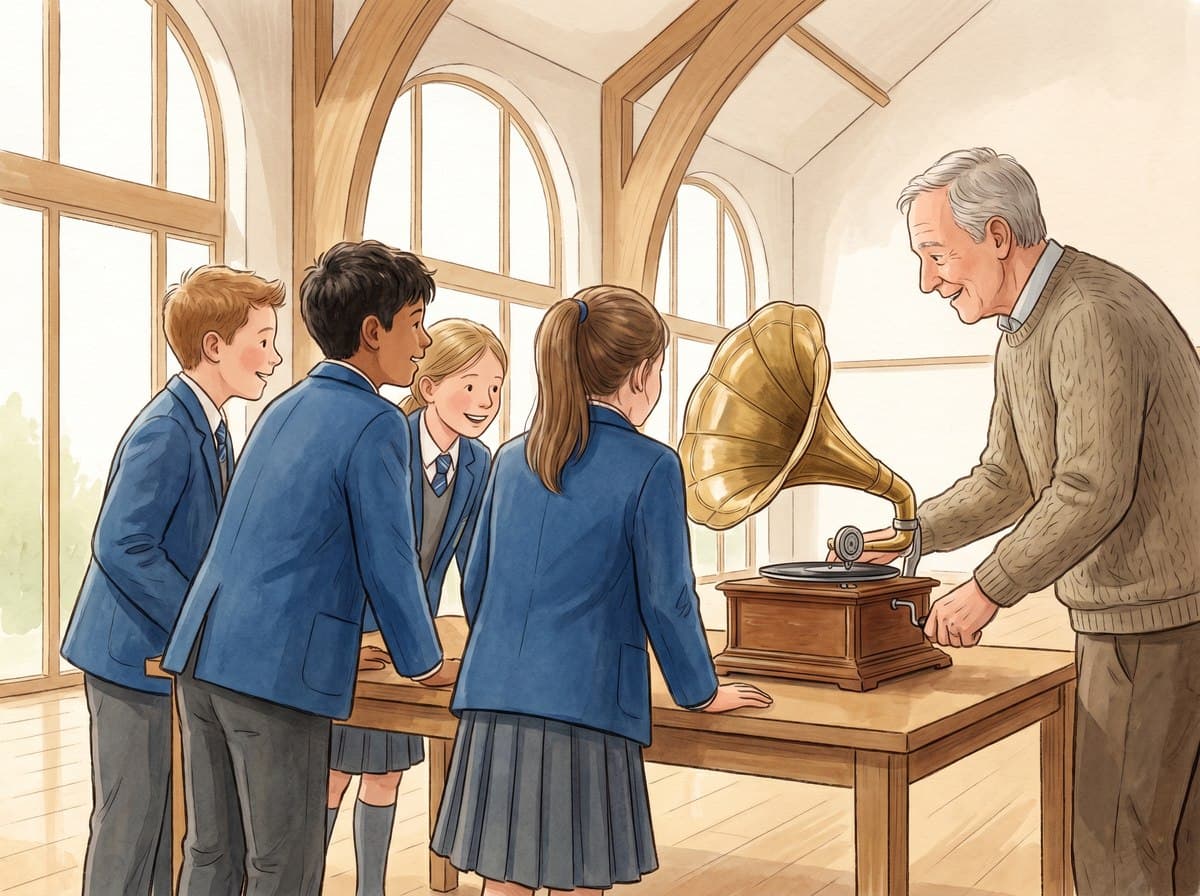 Illustration: students watch as a gramophone is wound by hand