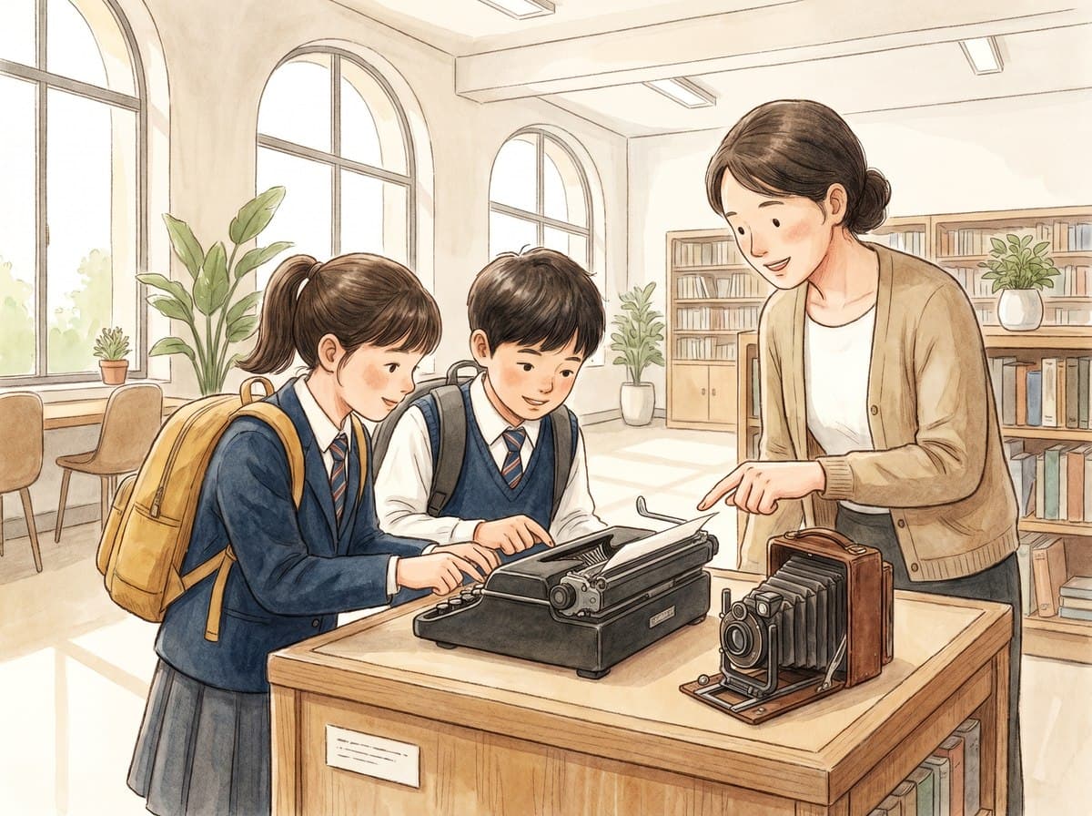Illustration: two students try a typewriter while a guide points out a folding bellows camera