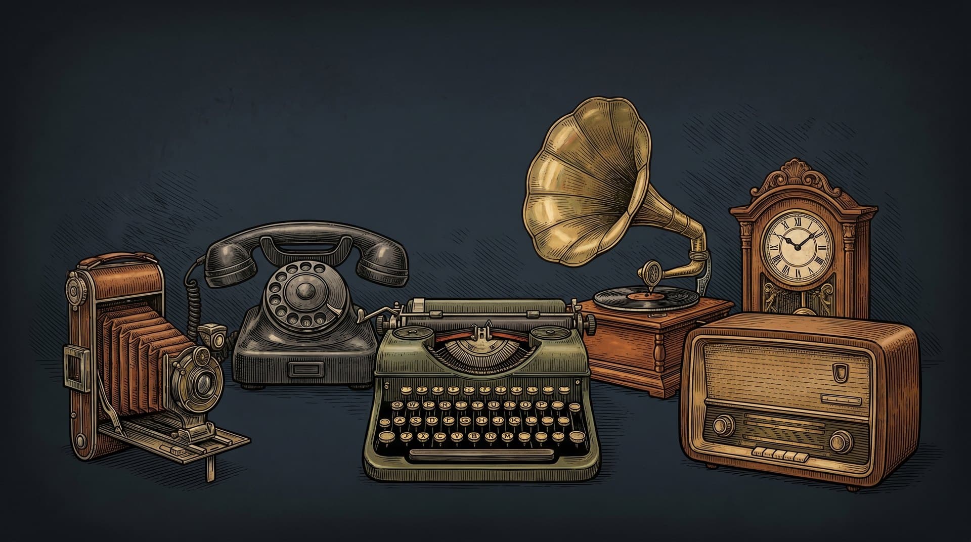Illustration of a gramophone, rotary telephone, typewriter, folding camera, mantel clock and valve radio